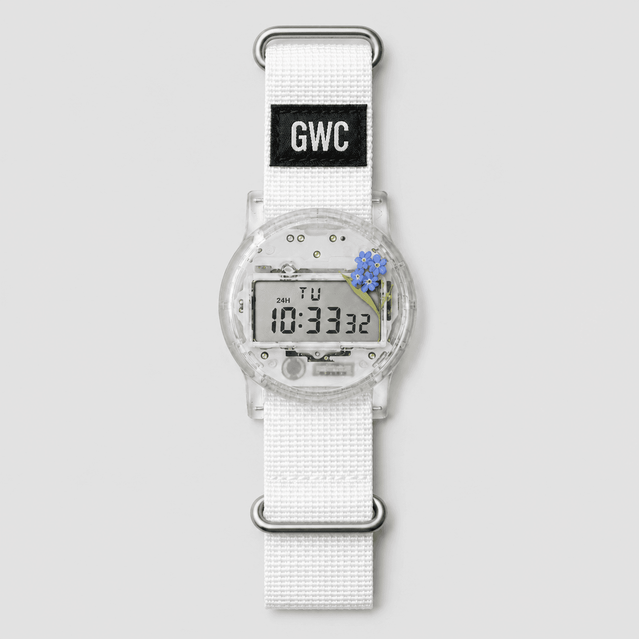 The Homoyo Watch in Brahmaputra Clear, a clear resin case sealing a real quartz movement