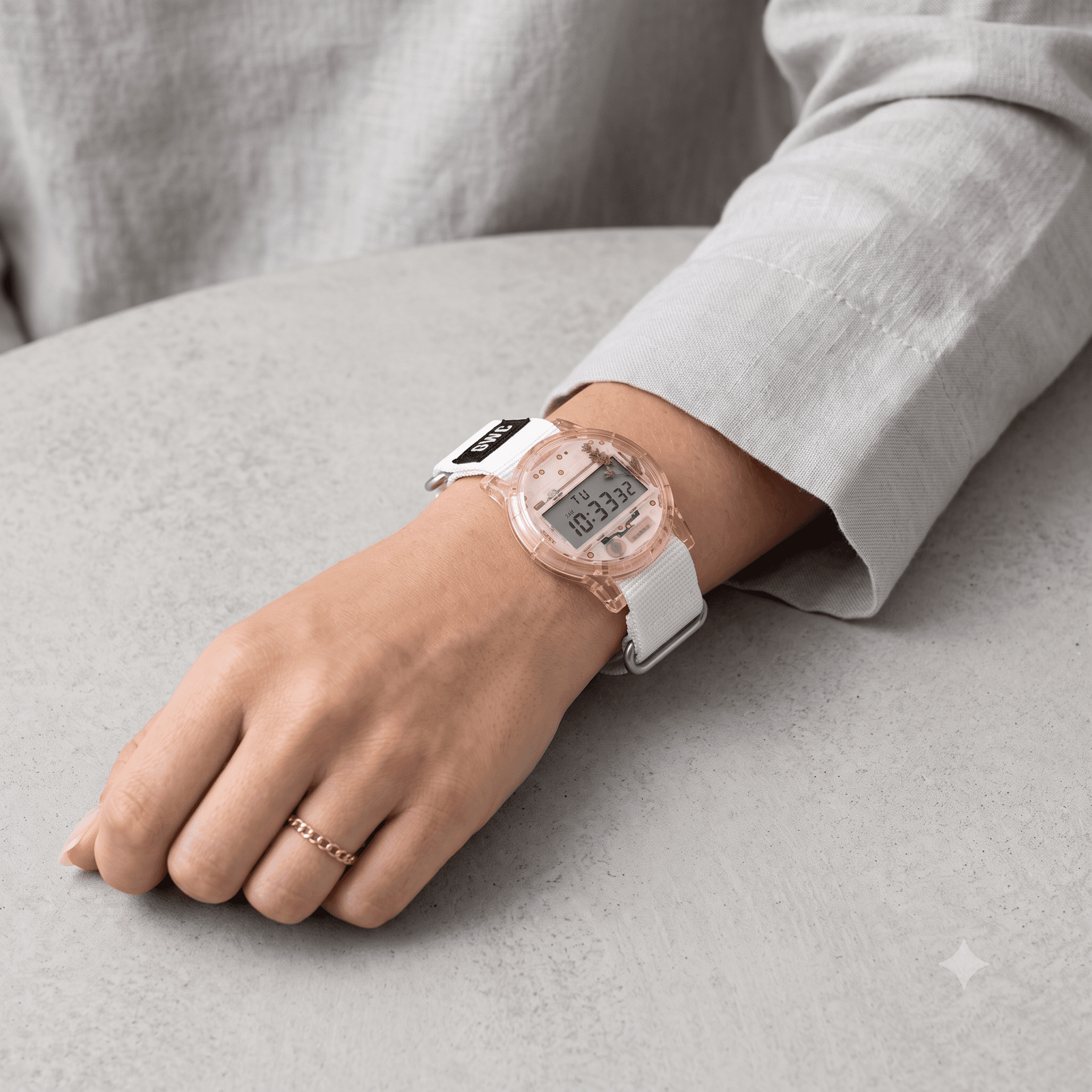The Homoyo Watch's sealed resin case — no crown, no case back
